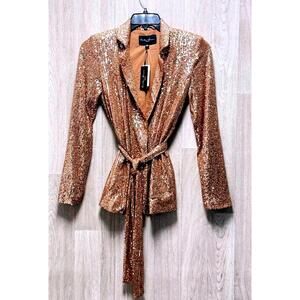 Hunter & Brown Premium Burnt Gold Sequin Waist Tie Blazer Women Size XS